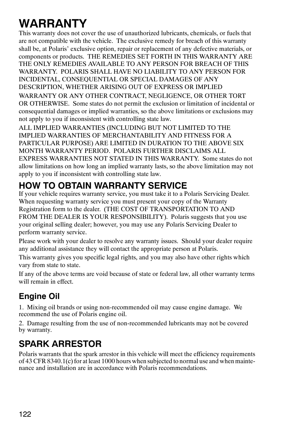 Warranty, How to obtain warranty service, Spark arrestor | Engine oil | Polaris 6X6 User Manual | Page 125 / 136