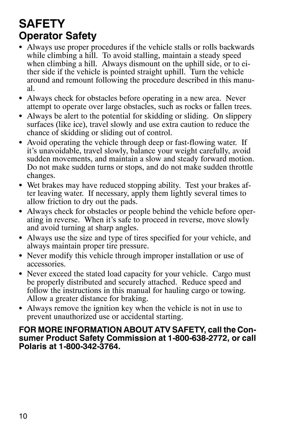 Safety, Operator safety | Polaris 6X6 User Manual | Page 13 / 136