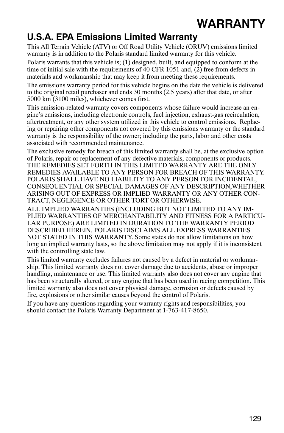 Warranty, U.s.a. epa emissions limited warranty | Polaris 6X6 User Manual | Page 132 / 136