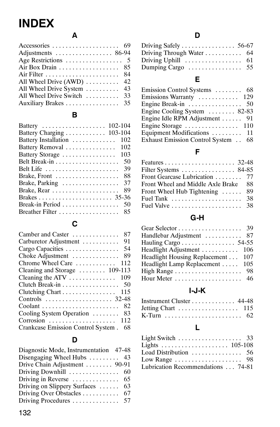 Index | Polaris 6X6 User Manual | Page 135 / 136