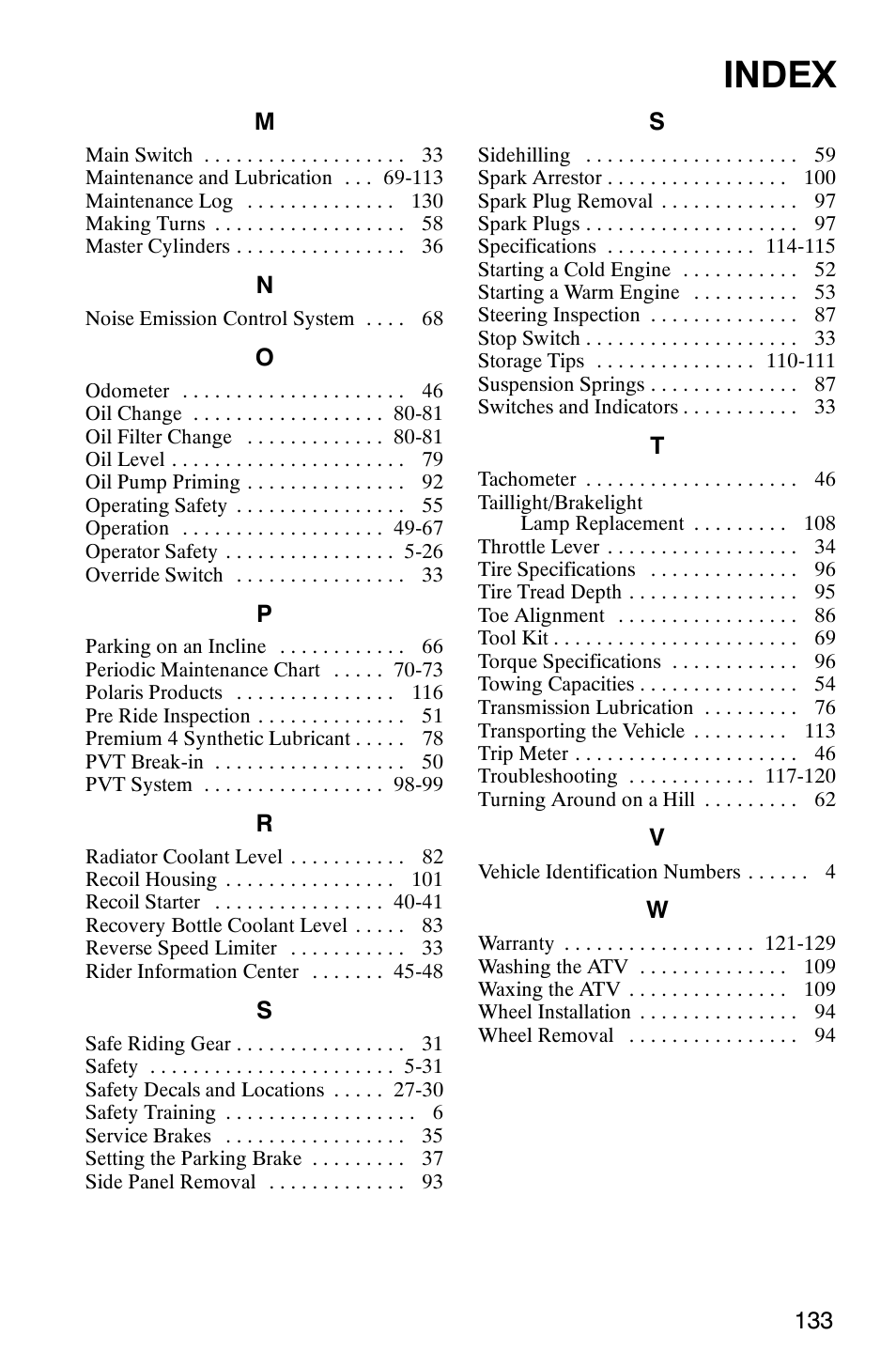 Index | Polaris 6X6 User Manual | Page 136 / 136