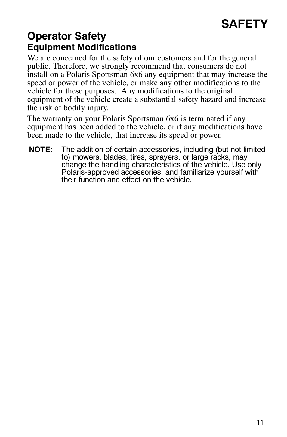 Safety, Operator safety | Polaris 6X6 User Manual | Page 14 / 136