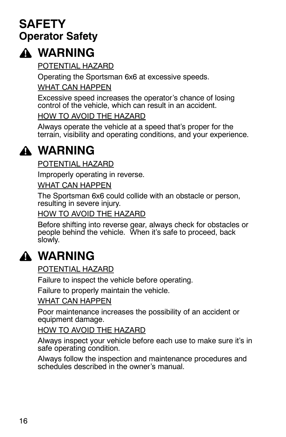 Safety, Warning, Operator safety | Polaris 6X6 User Manual | Page 19 / 136