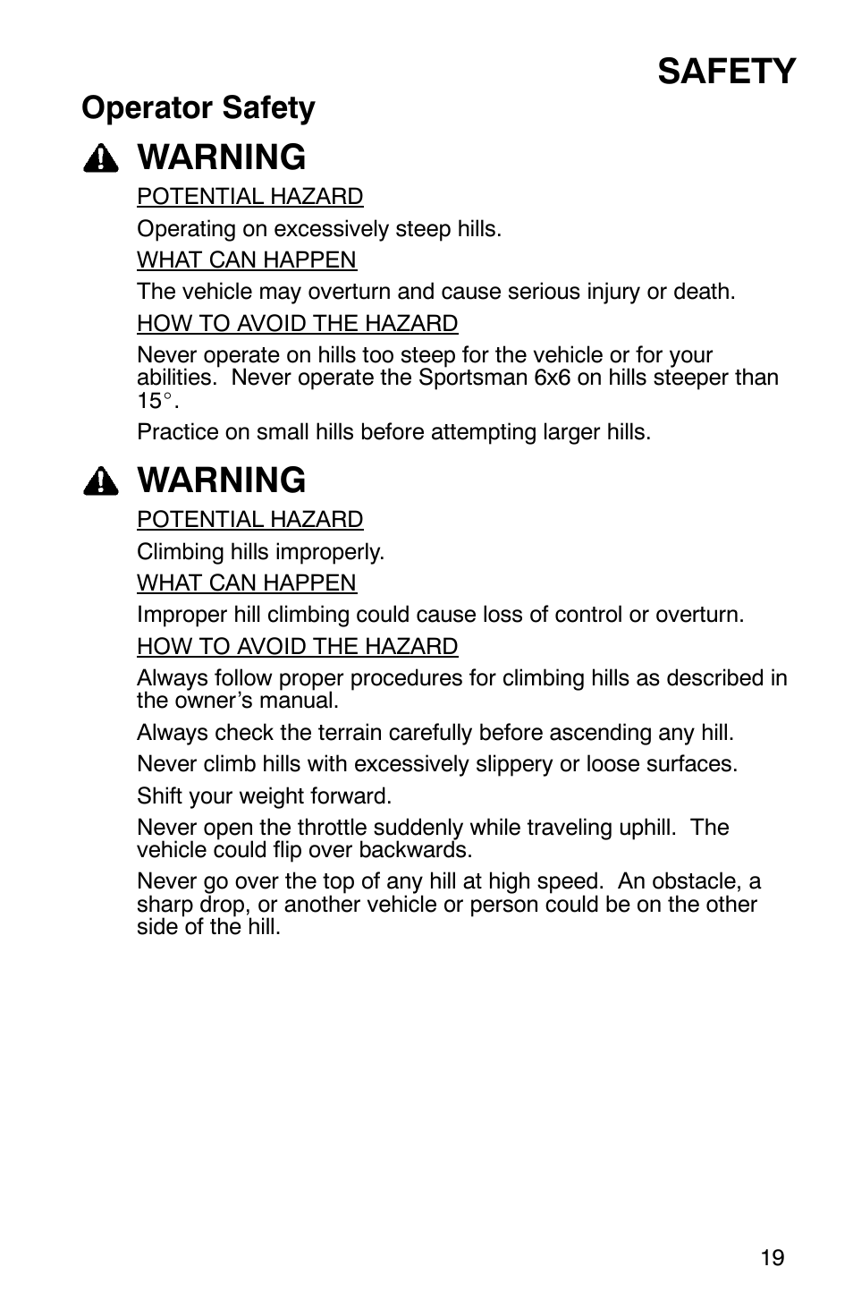 Safety, Warning, Operator safety | Polaris 6X6 User Manual | Page 22 / 136