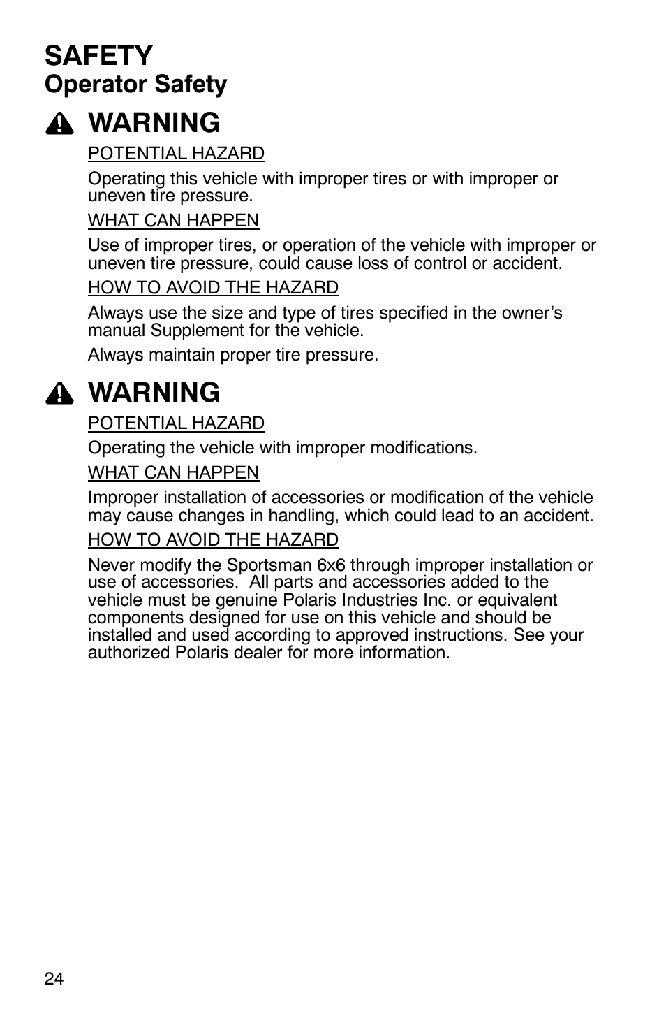 Safety, Warning, Operator safety | Polaris 6X6 User Manual | Page 27 / 136