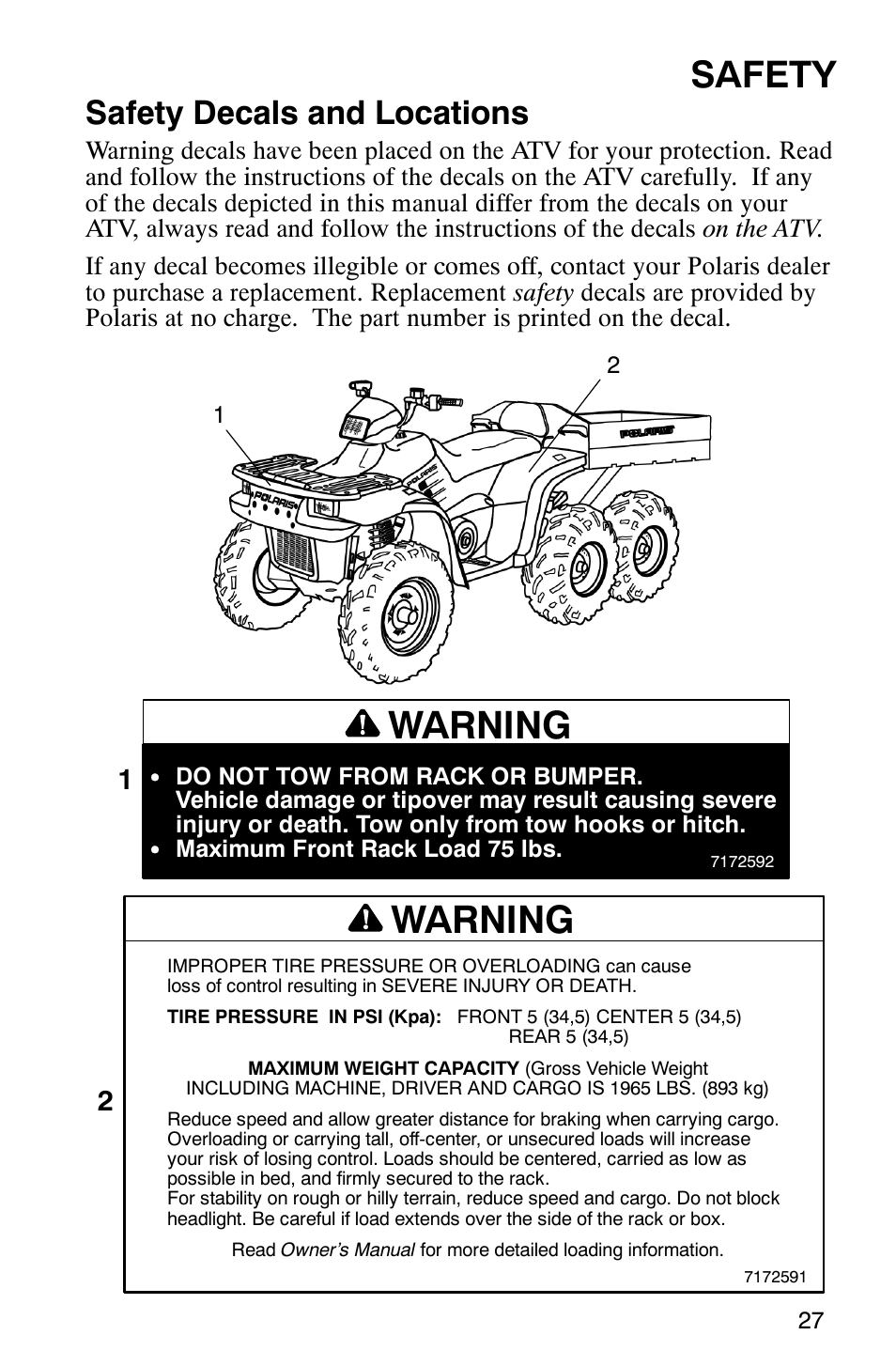 Warning, Safety, Safety decals and locations | Polaris 6X6 User Manual | Page 30 / 136