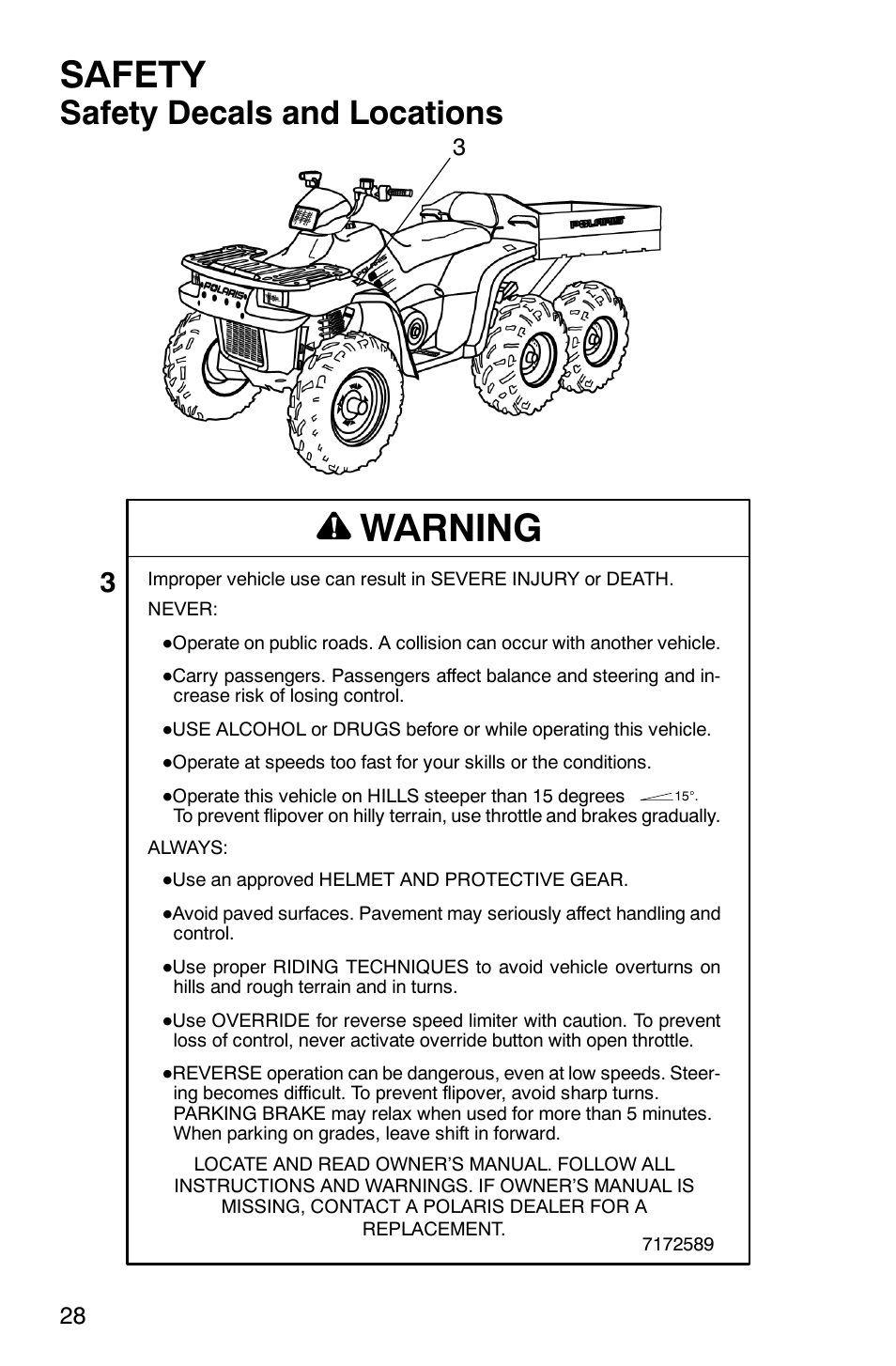 Warning, Safety, Safety decals and locations | Polaris 6X6 User Manual | Page 31 / 136