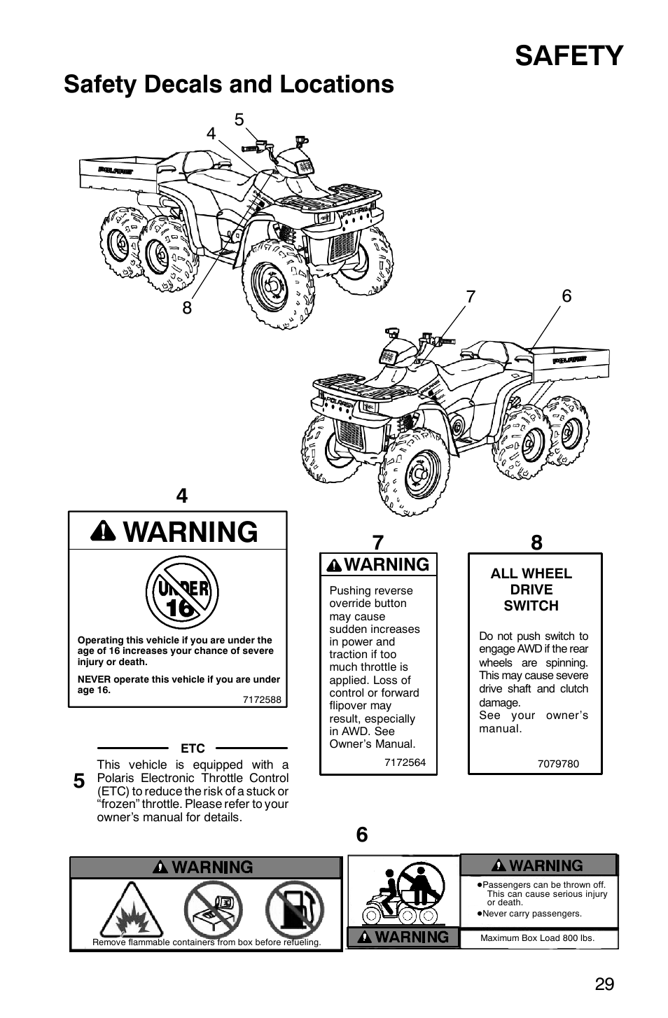 Safety, Safety decals and locations, Warning | Polaris 6X6 User Manual | Page 32 / 136