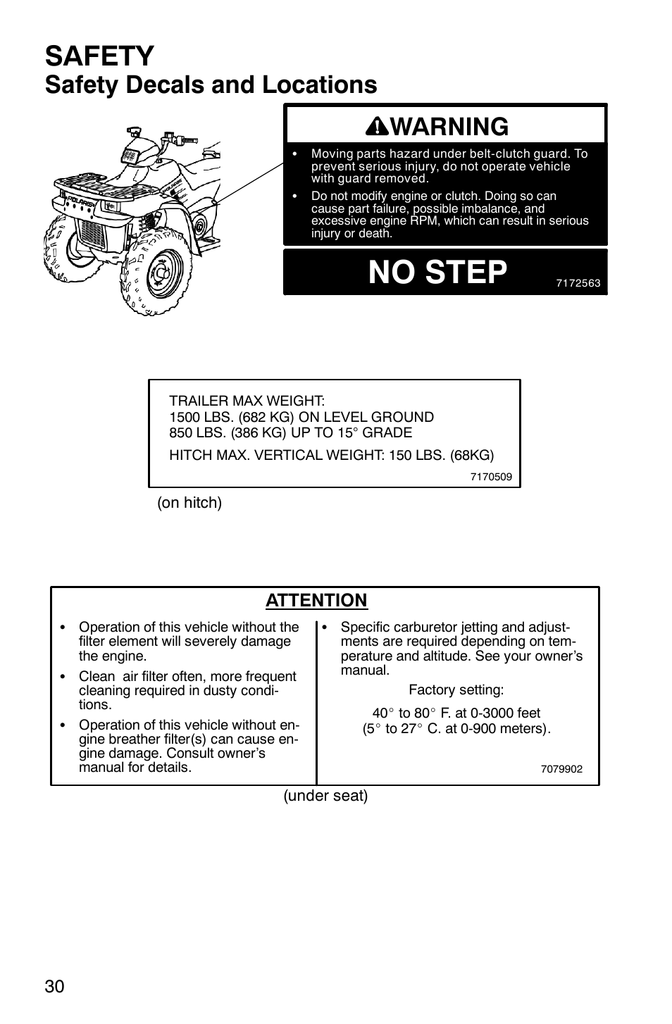 No step, Safety, Safety decals and locations | Warning, Attention | Polaris 6X6 User Manual | Page 33 / 136
