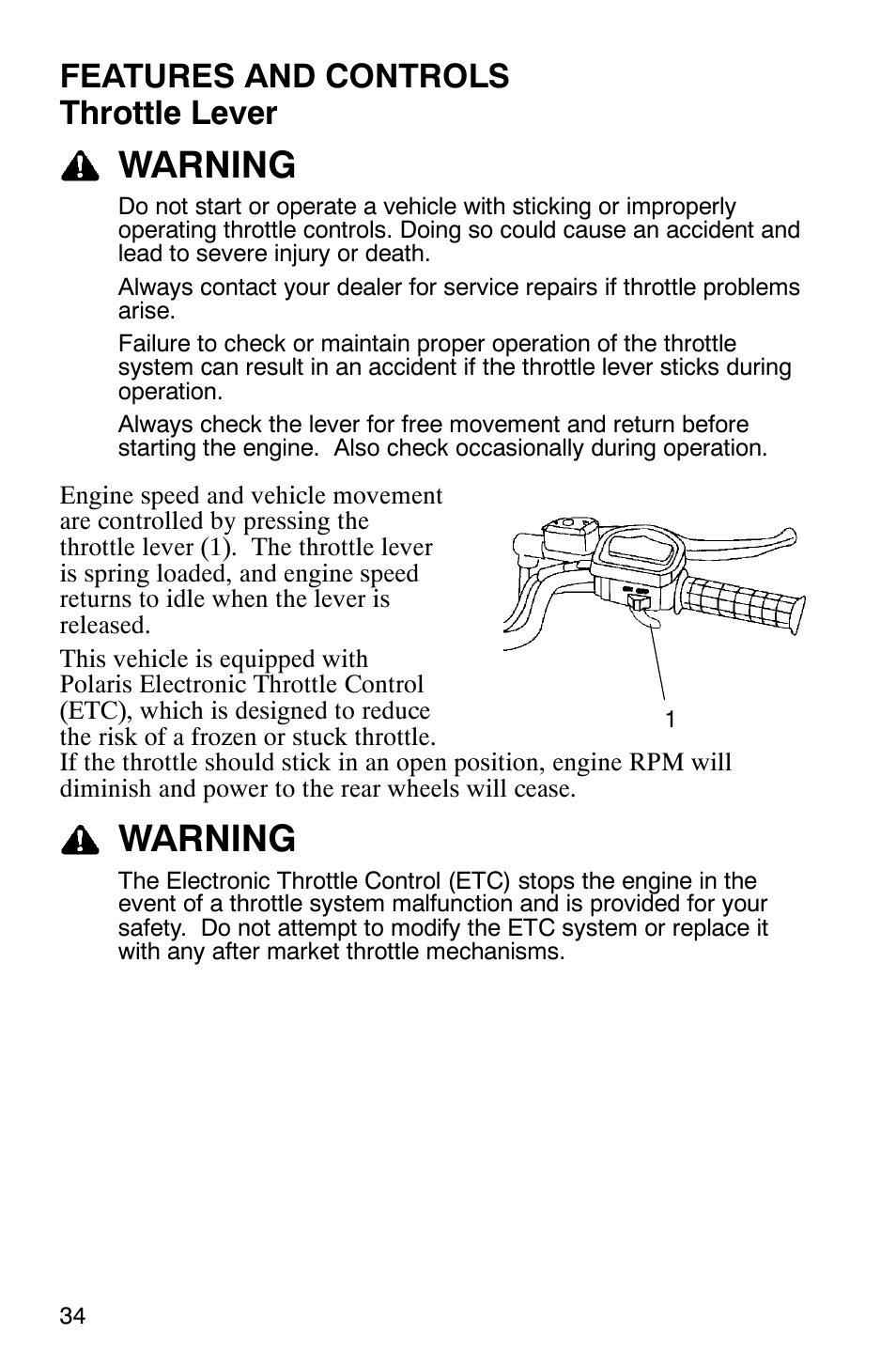 Warning, Features and controls throttle lever | Polaris 6X6 User Manual | Page 37 / 136