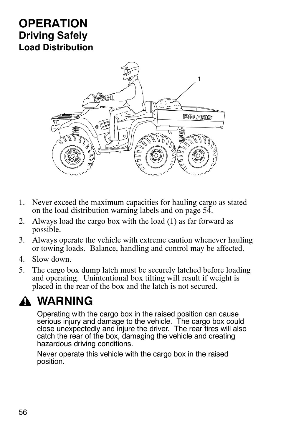 Operation, Warning, Driving safely | Polaris 6X6 User Manual | Page 59 / 136