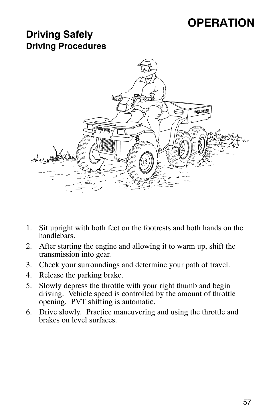 Operation, Driving safely | Polaris 6X6 User Manual | Page 60 / 136