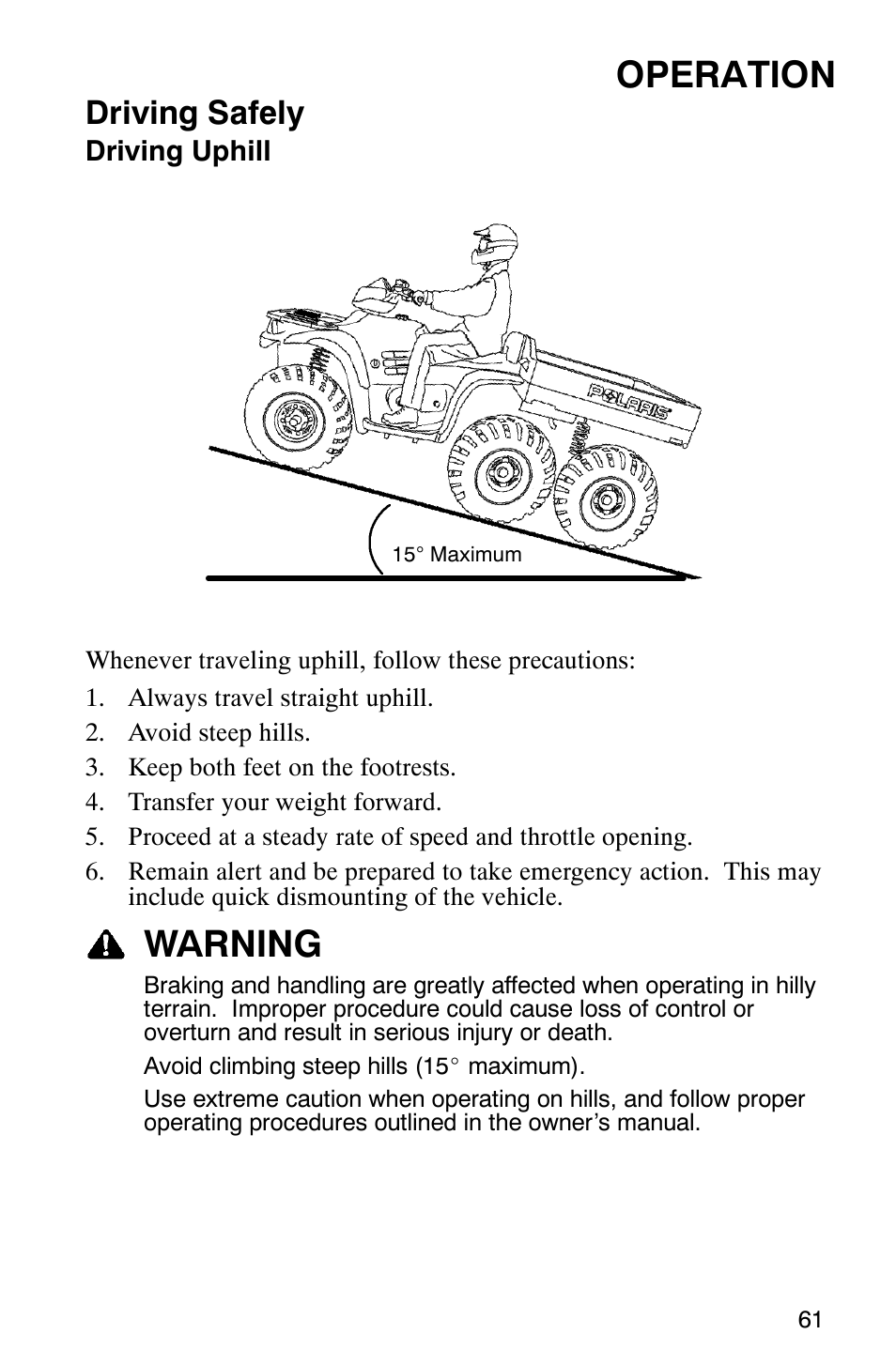 Operation, Warning, Driving safely | Polaris 6X6 User Manual | Page 64 / 136