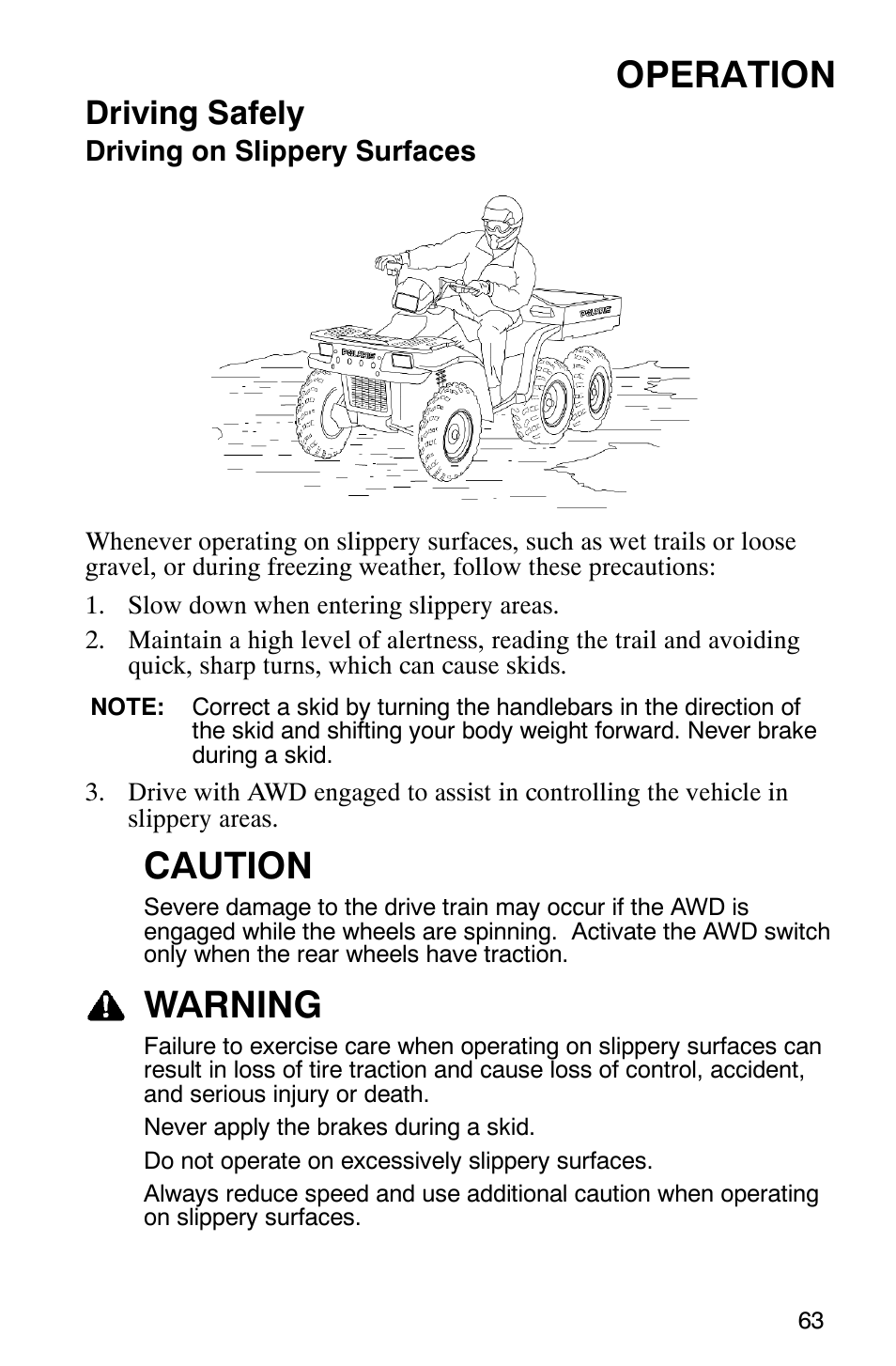 Operation, Caution, Warning | Driving safely | Polaris 6X6 User Manual | Page 66 / 136