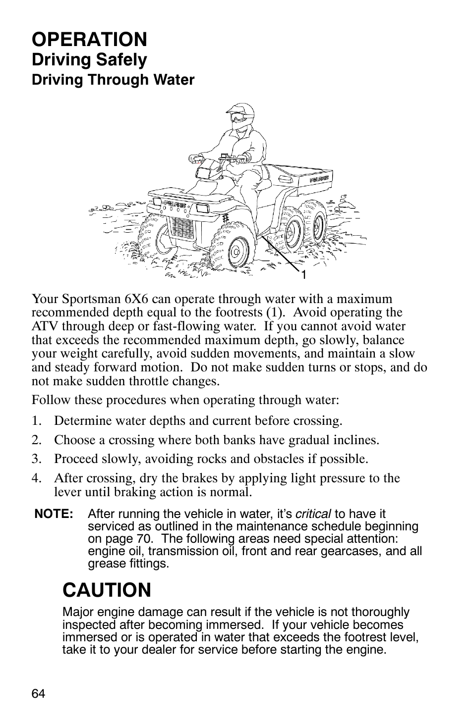 Operation, Caution, Driving safely | Polaris 6X6 User Manual | Page 67 / 136