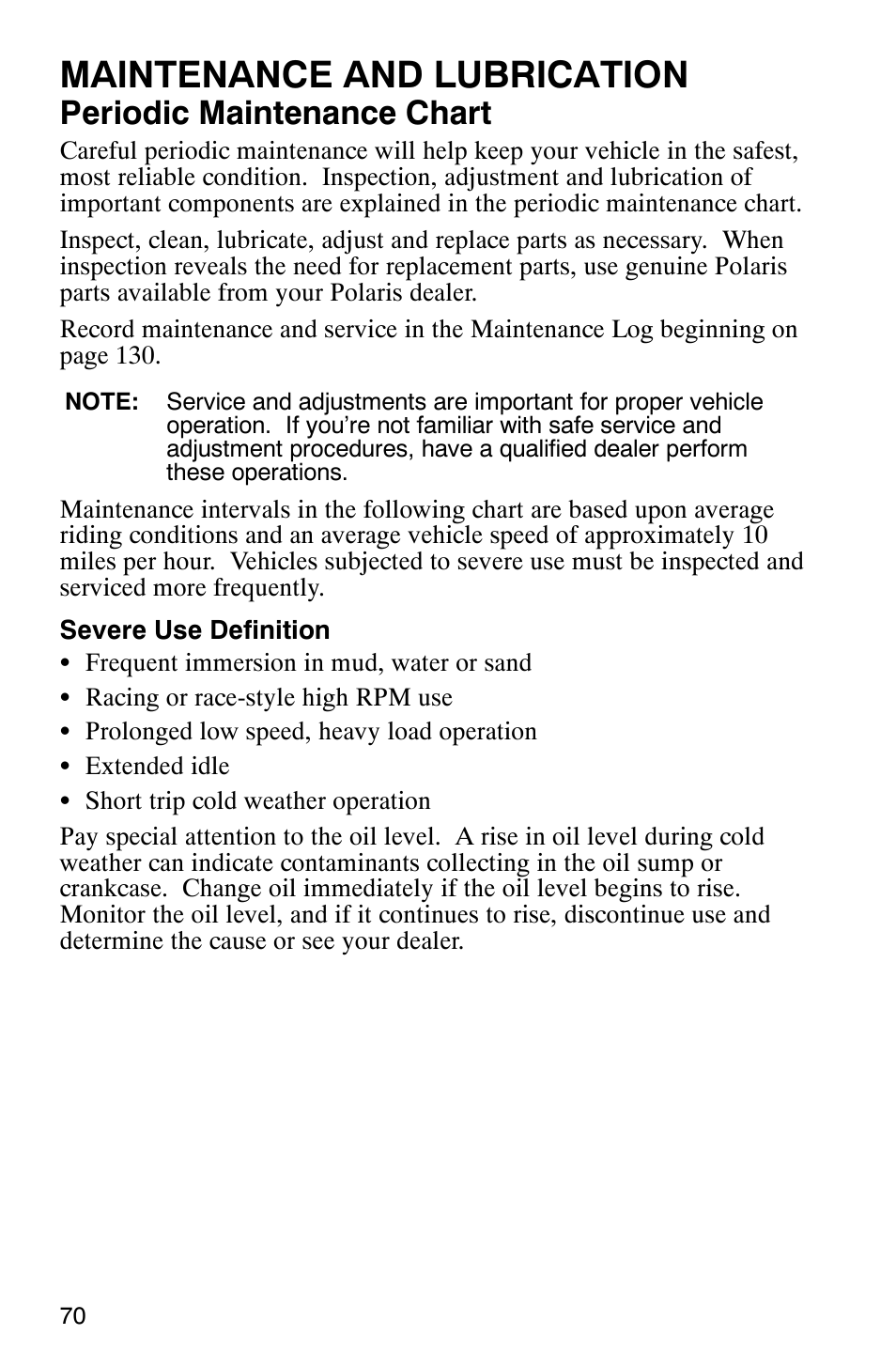 Maintenance and lubrication, Periodic maintenance chart | Polaris 6X6 User Manual | Page 73 / 136