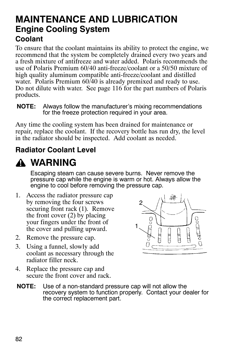 Maintenance and lubrication, Warning, Engine cooling system | Polaris 6X6 User Manual | Page 85 / 136