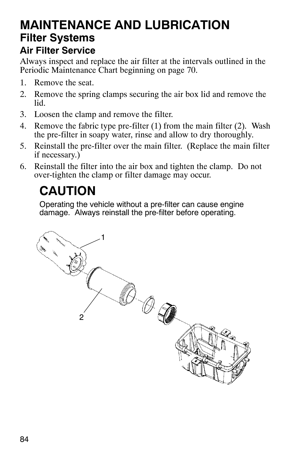 Maintenance and lubrication, Caution, Filter systems | Polaris 6X6 User Manual | Page 87 / 136