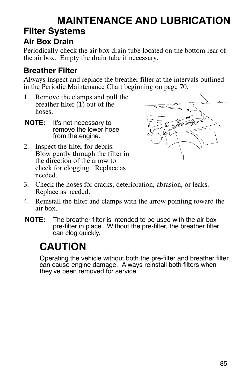 Maintenance and lubrication, Caution, Filter systems | Polaris 6X6 User Manual | Page 88 / 136