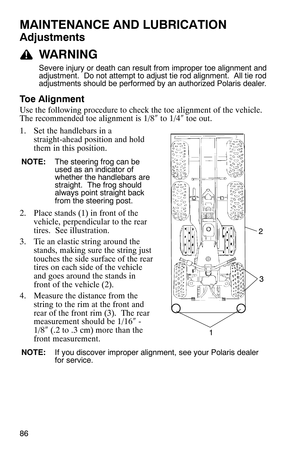 Maintenance and lubrication, Warning, Adjustments | Polaris 6X6 User Manual | Page 89 / 136
