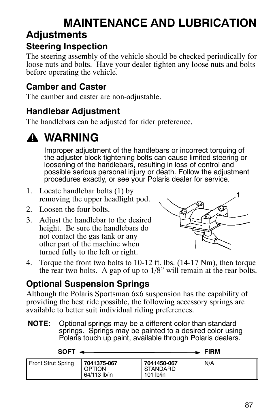 Maintenance and lubrication, Warning, Adjustments | Steering inspection, Camber and caster, Handlebar adjustment, Optional suspension springs | Polaris 6X6 User Manual | Page 90 / 136