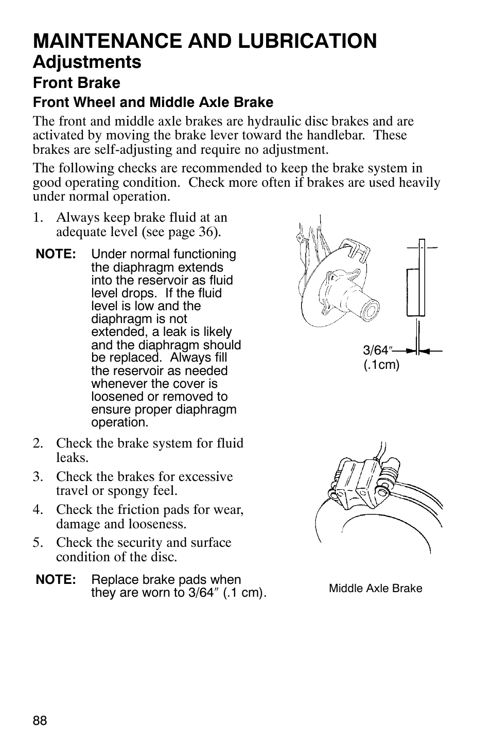 Maintenance and lubrication, Adjustments, Front brake | Polaris 6X6 User Manual | Page 91 / 136