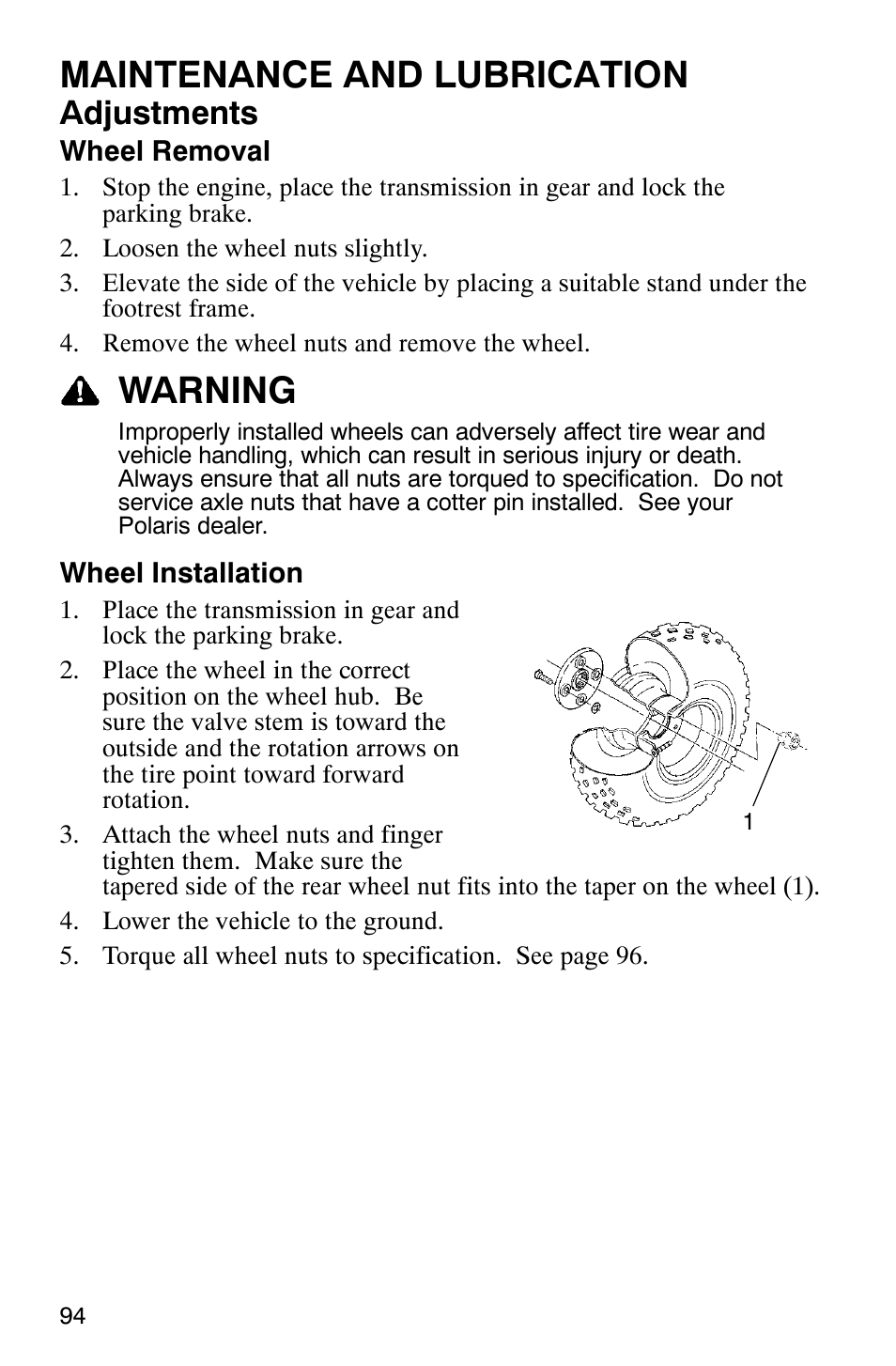 Maintenance and lubrication, Warning, Adjustments | Polaris 6X6 User Manual | Page 97 / 136