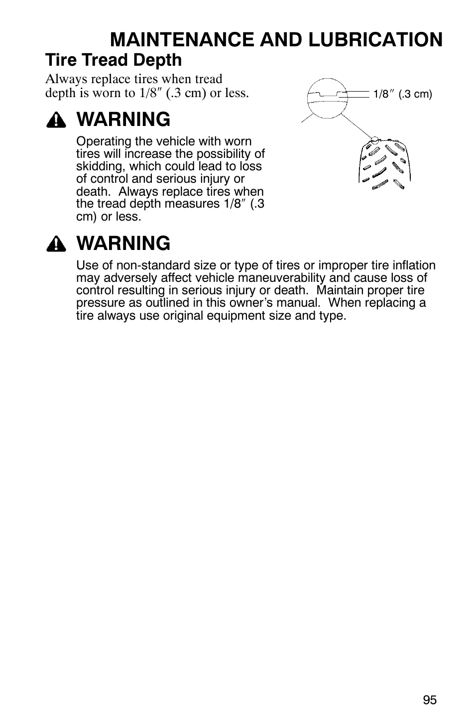 Maintenance and lubrication, Warning, Tire tread depth | Polaris 6X6 User Manual | Page 98 / 136