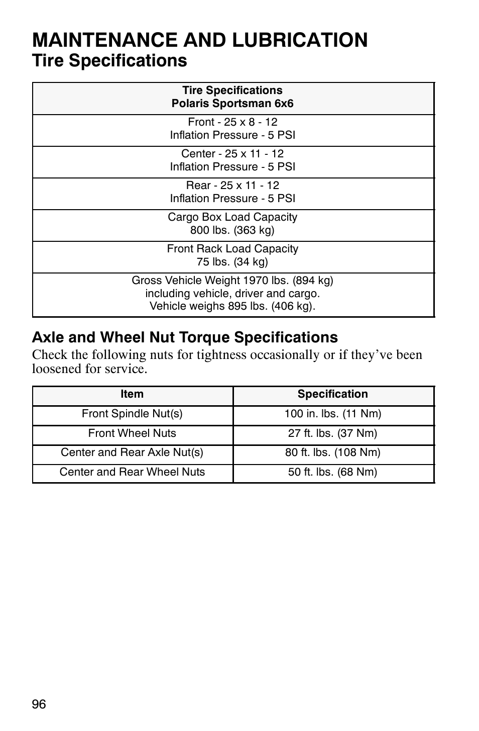 Maintenance and lubrication, Tire specifications, Axle and wheel nut torque specifications | Polaris 6X6 User Manual | Page 99 / 136