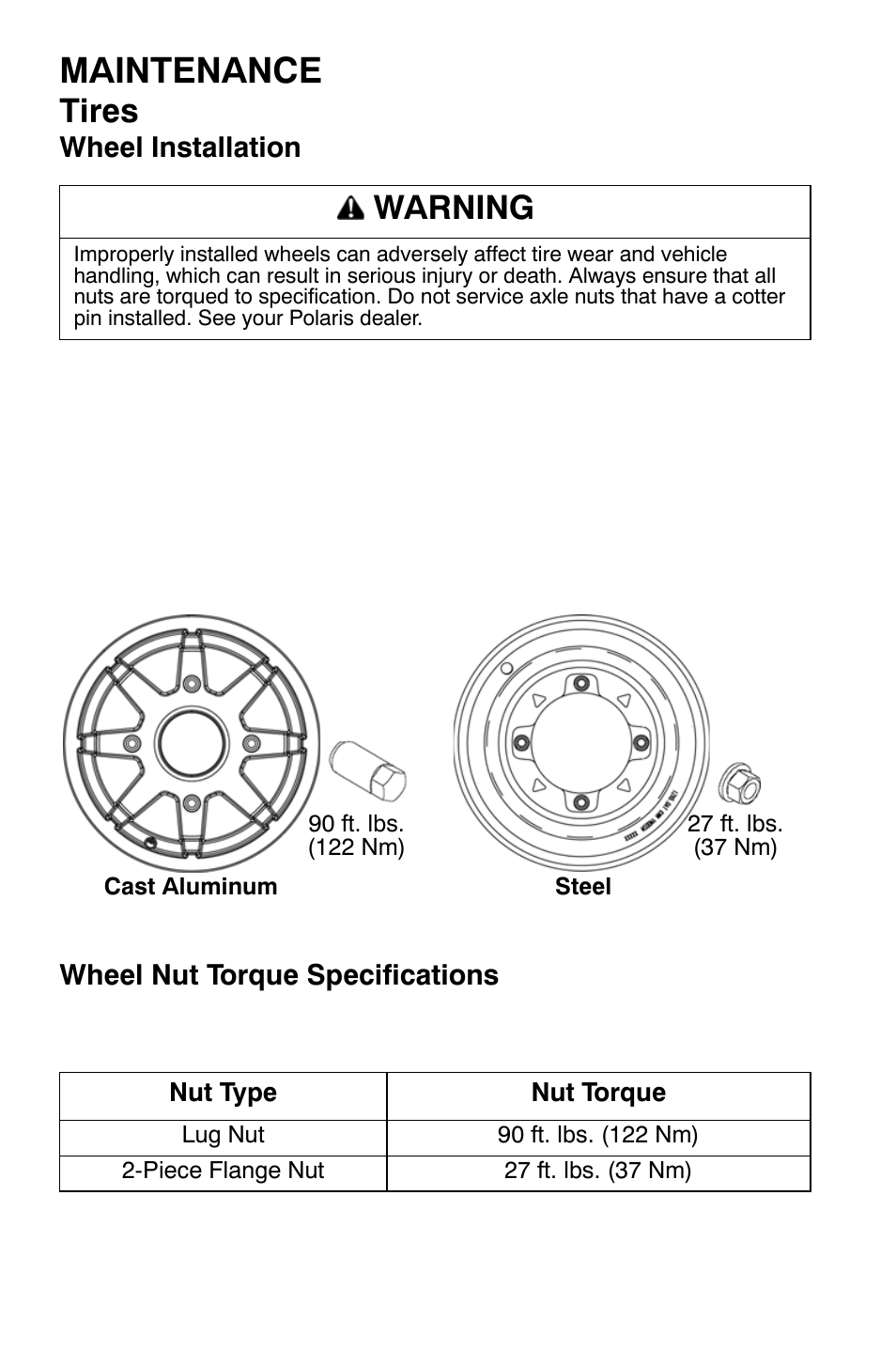 Maintenance, Tires, Warning | Polaris Sportsman 500 EFI X2 User Manual | Page 108 / 157
