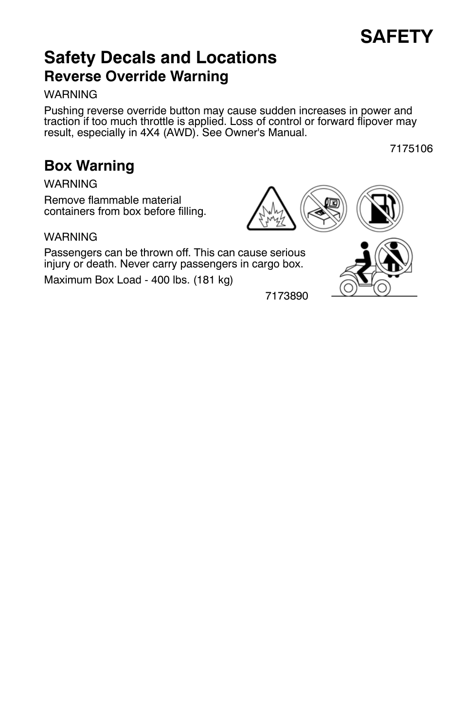 Safety, Safety decals and locations, Reverse override warning | Box warning | Polaris Sportsman 500 EFI X2 User Manual | Page 11 / 157