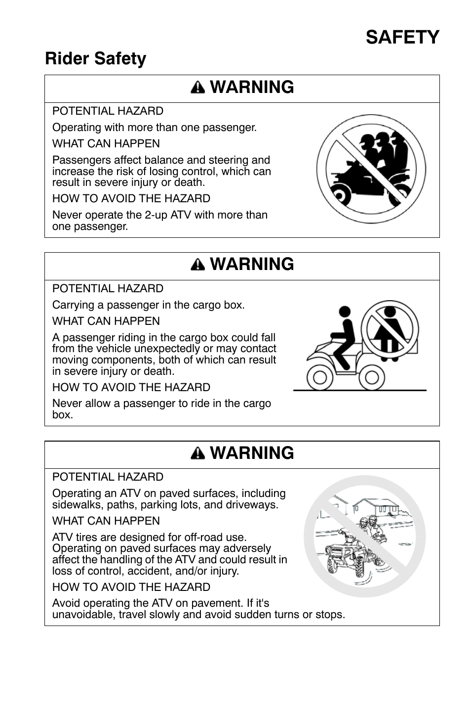 Safety, Rider safety warning, Warning | Polaris Sportsman 500 EFI X2 User Manual | Page 23 / 157