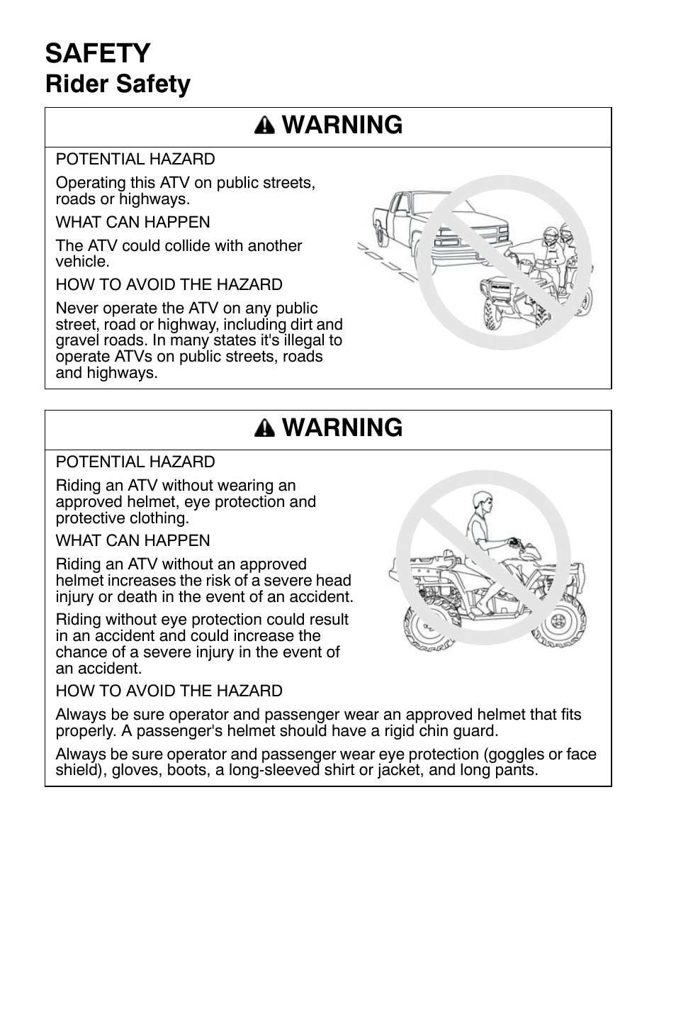 Safety, Rider safety warning, Warning | Polaris Sportsman 500 EFI X2 User Manual | Page 24 / 157