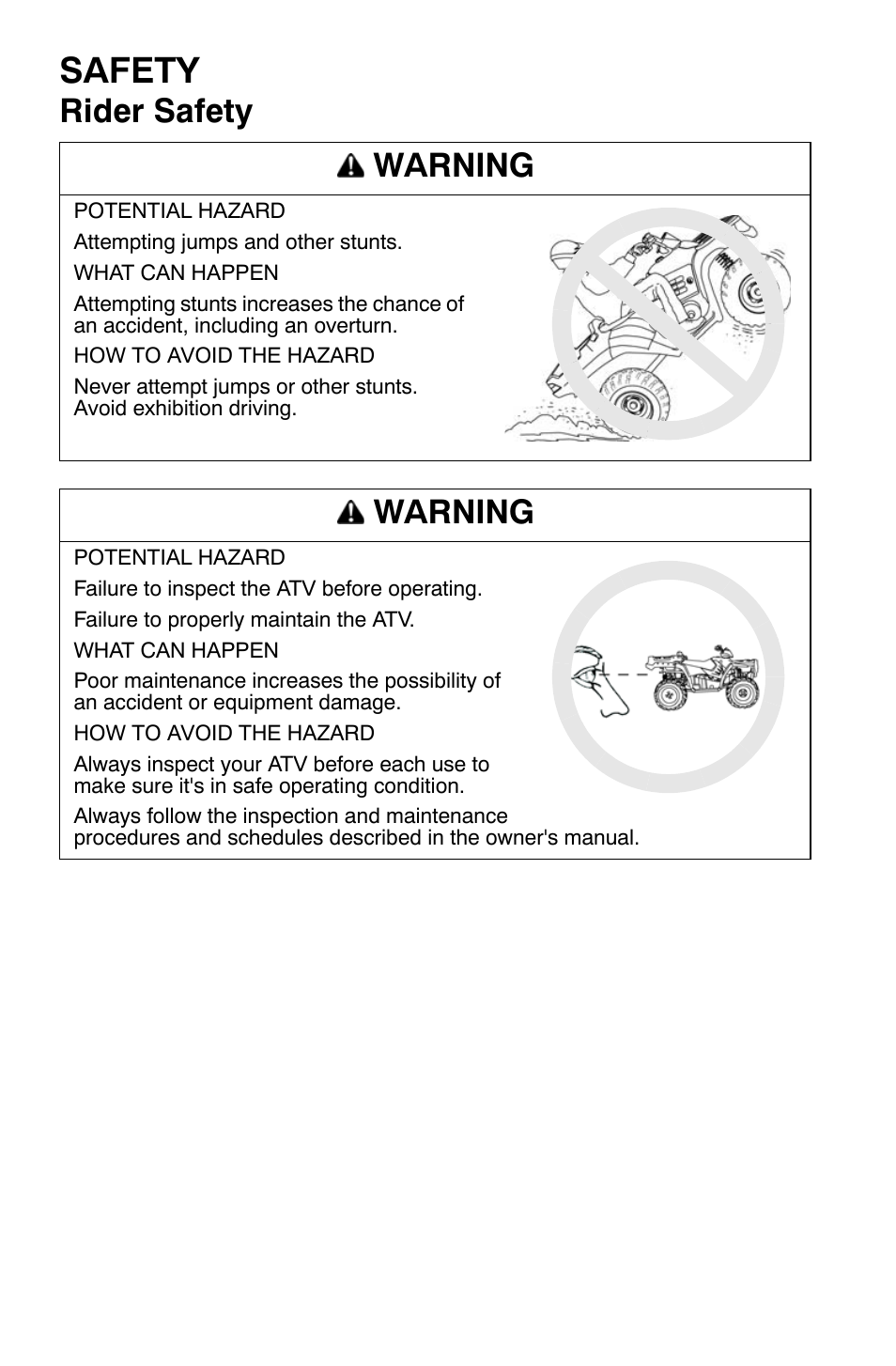 Safety, Rider safety warning, Warning | Polaris Sportsman 500 EFI X2 User Manual | Page 26 / 157