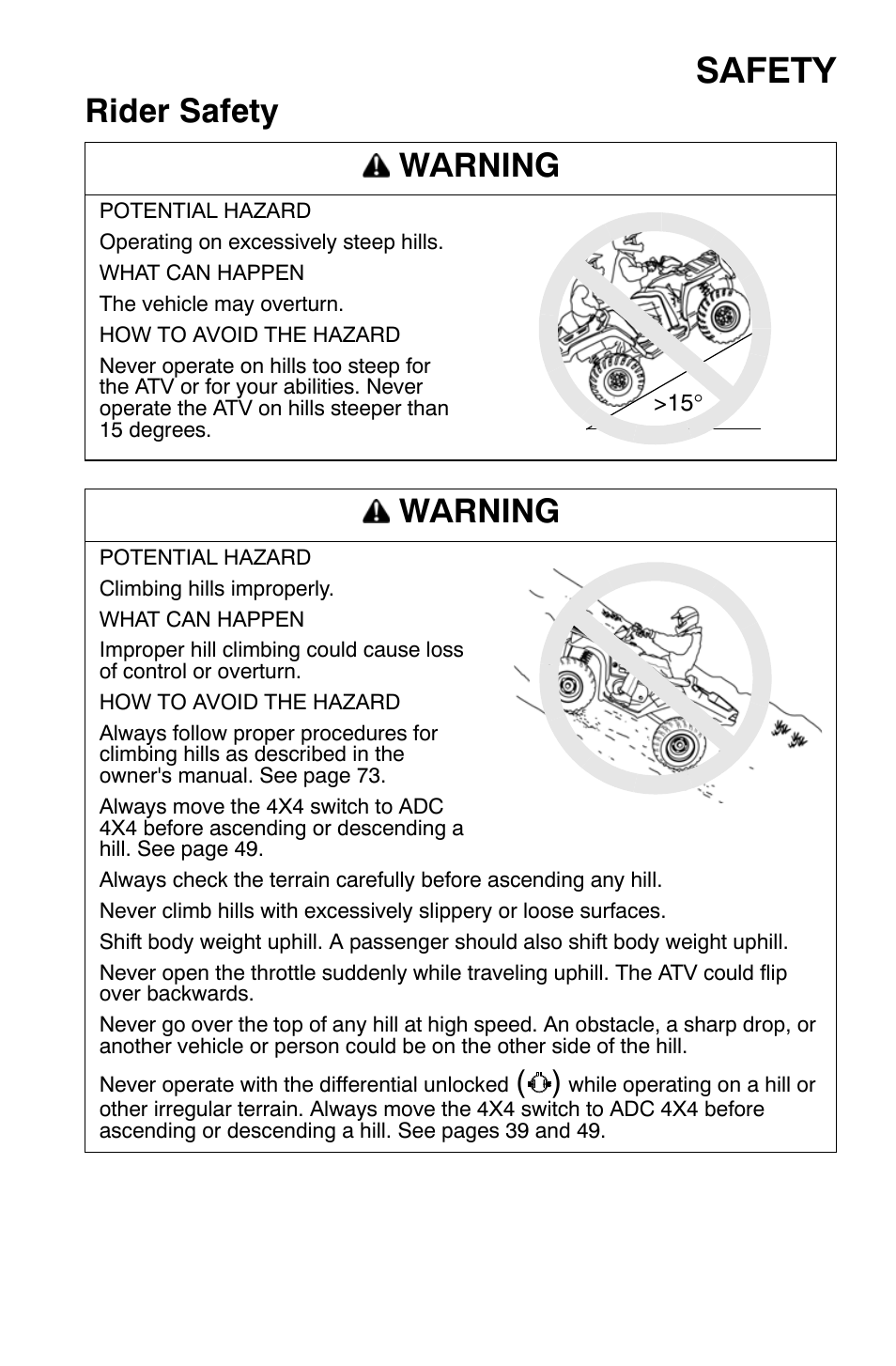 Safety, Rider safety warning, Warning | Polaris Sportsman 500 EFI X2 User Manual | Page 29 / 157