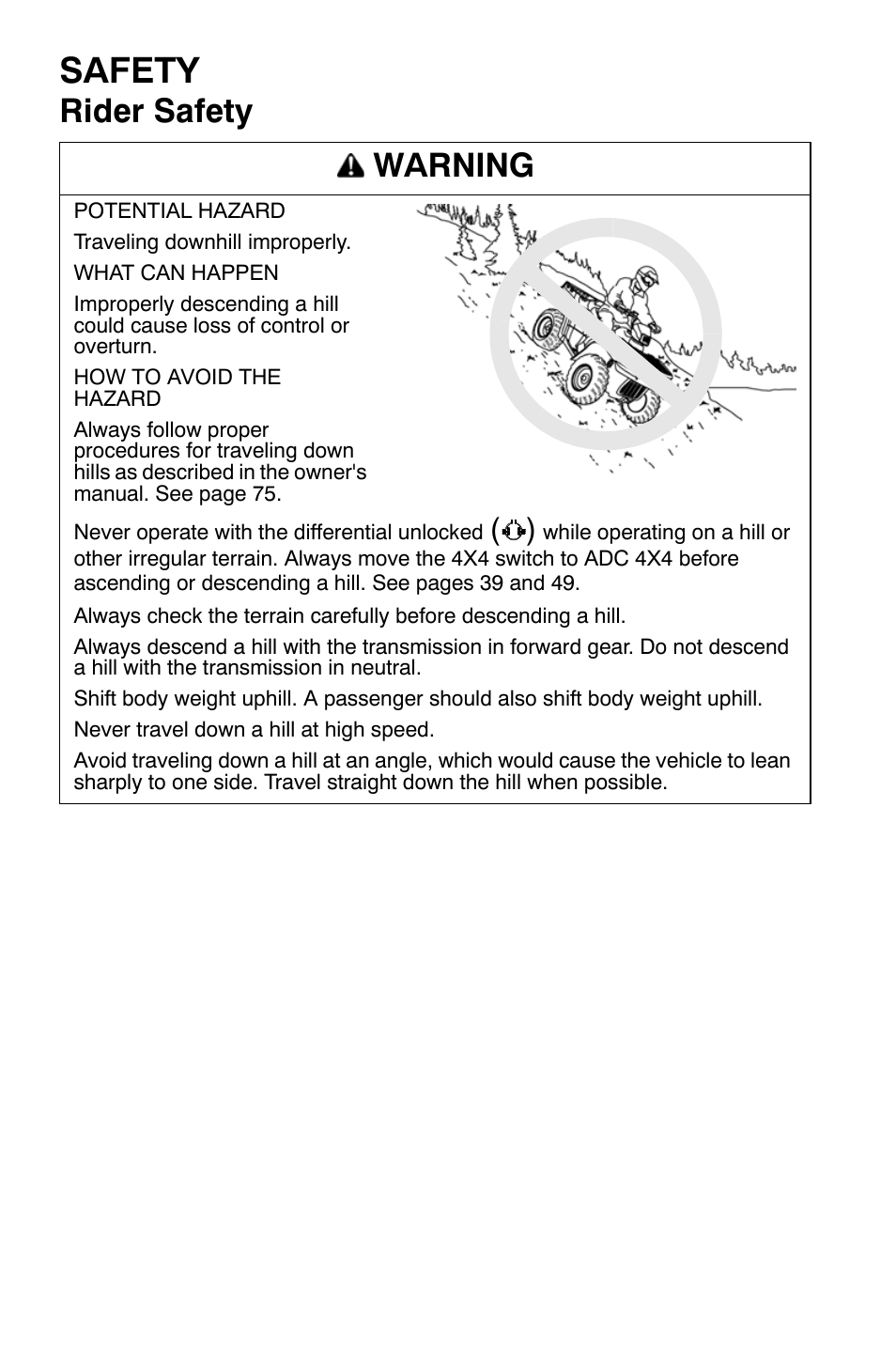 Safety, Rider safety warning | Polaris Sportsman 500 EFI X2 User Manual | Page 30 / 157