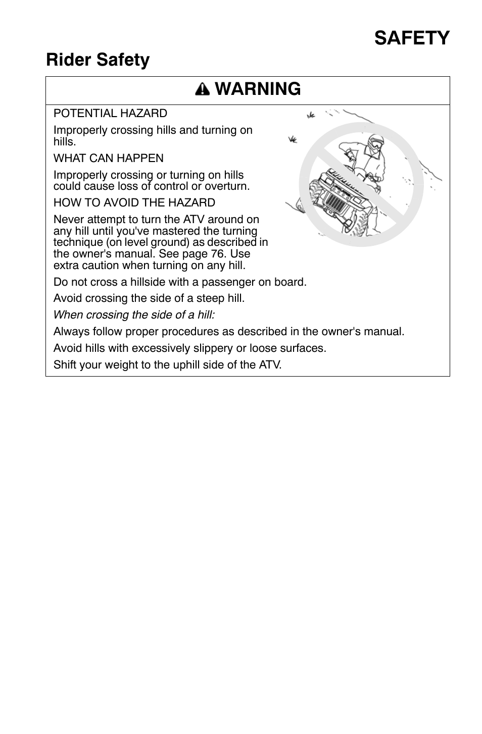 Safety, Rider safety warning | Polaris Sportsman 500 EFI X2 User Manual | Page 31 / 157