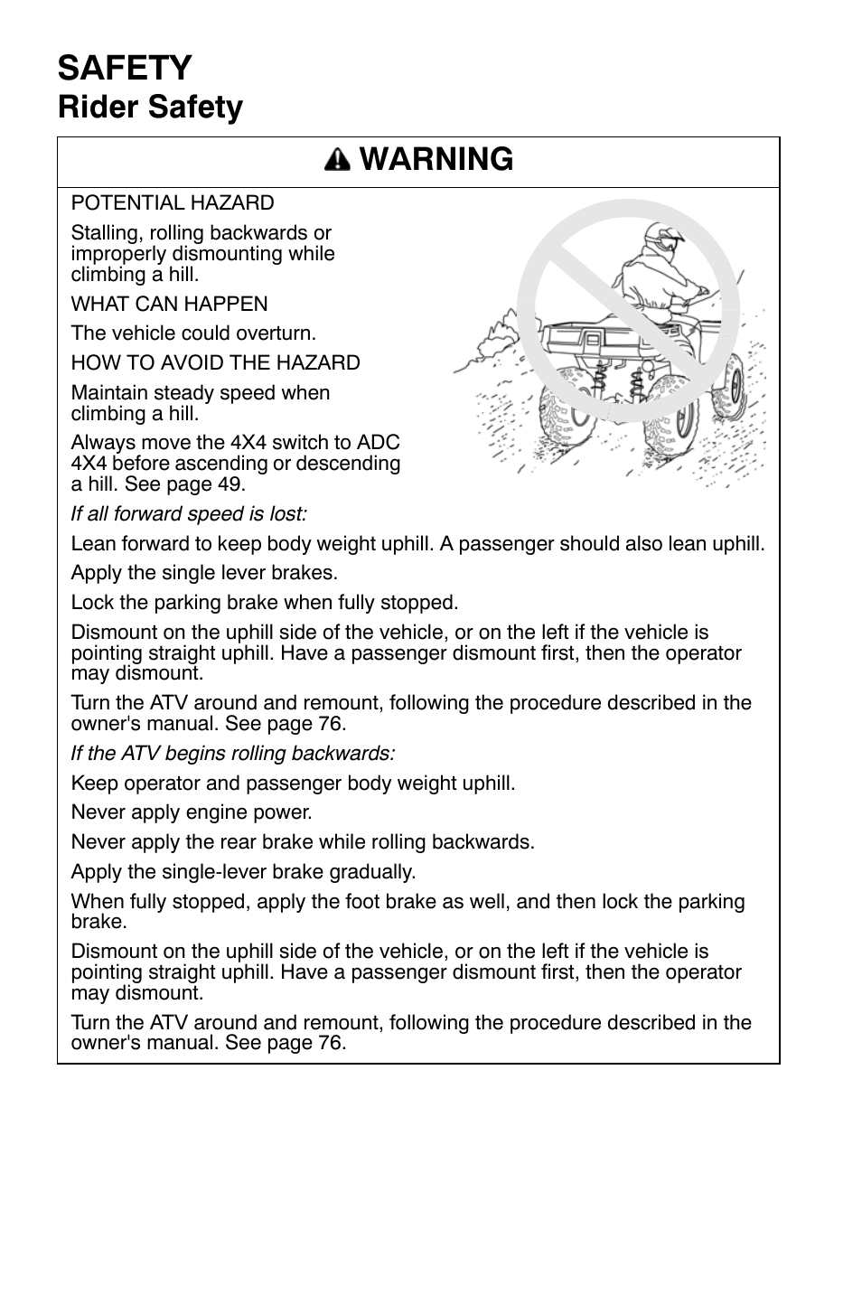 Safety, Rider safety warning | Polaris Sportsman 500 EFI X2 User Manual | Page 32 / 157