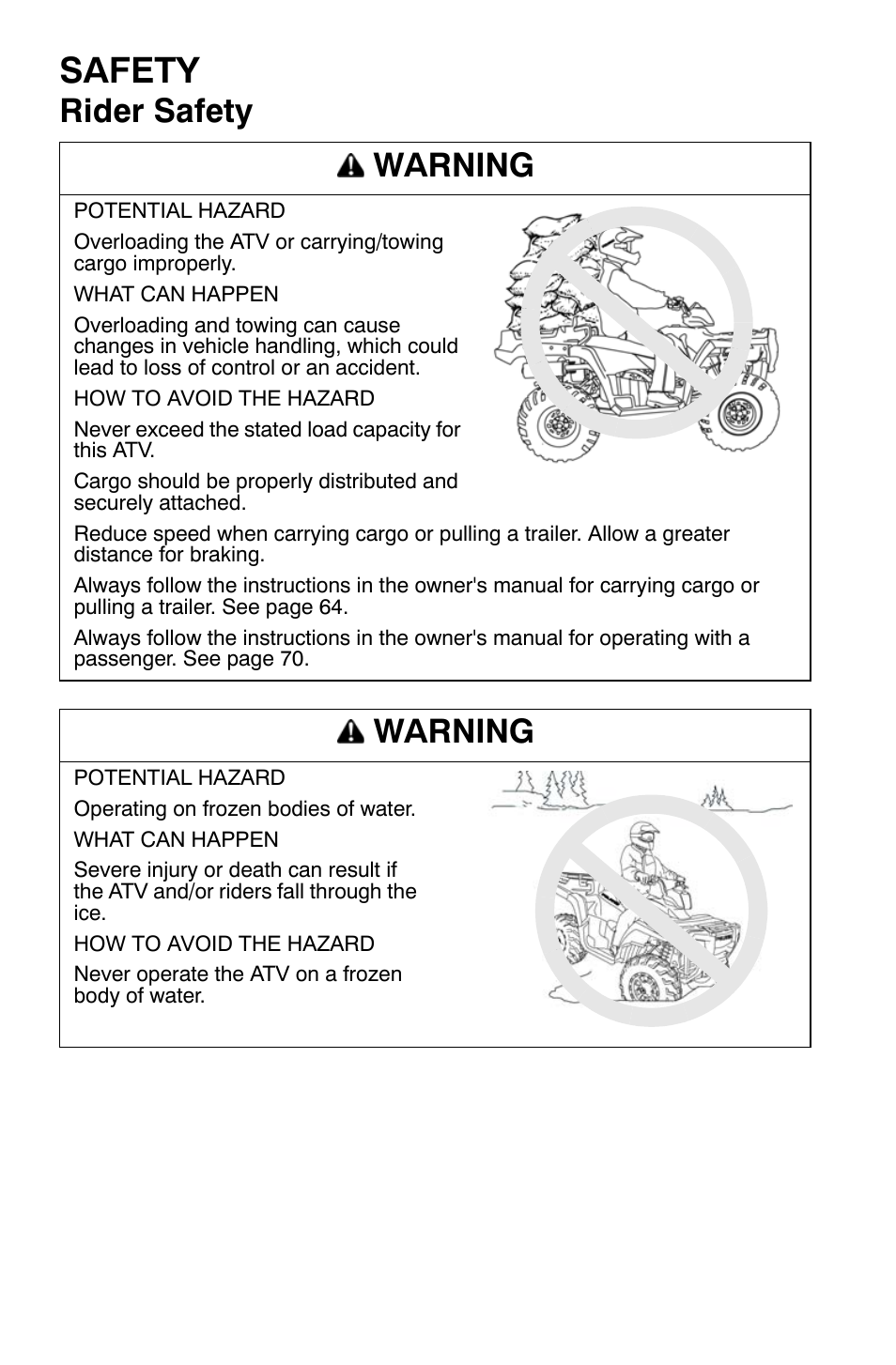 Safety, Rider safety warning, Warning | Polaris Sportsman 500 EFI X2 User Manual | Page 36 / 157