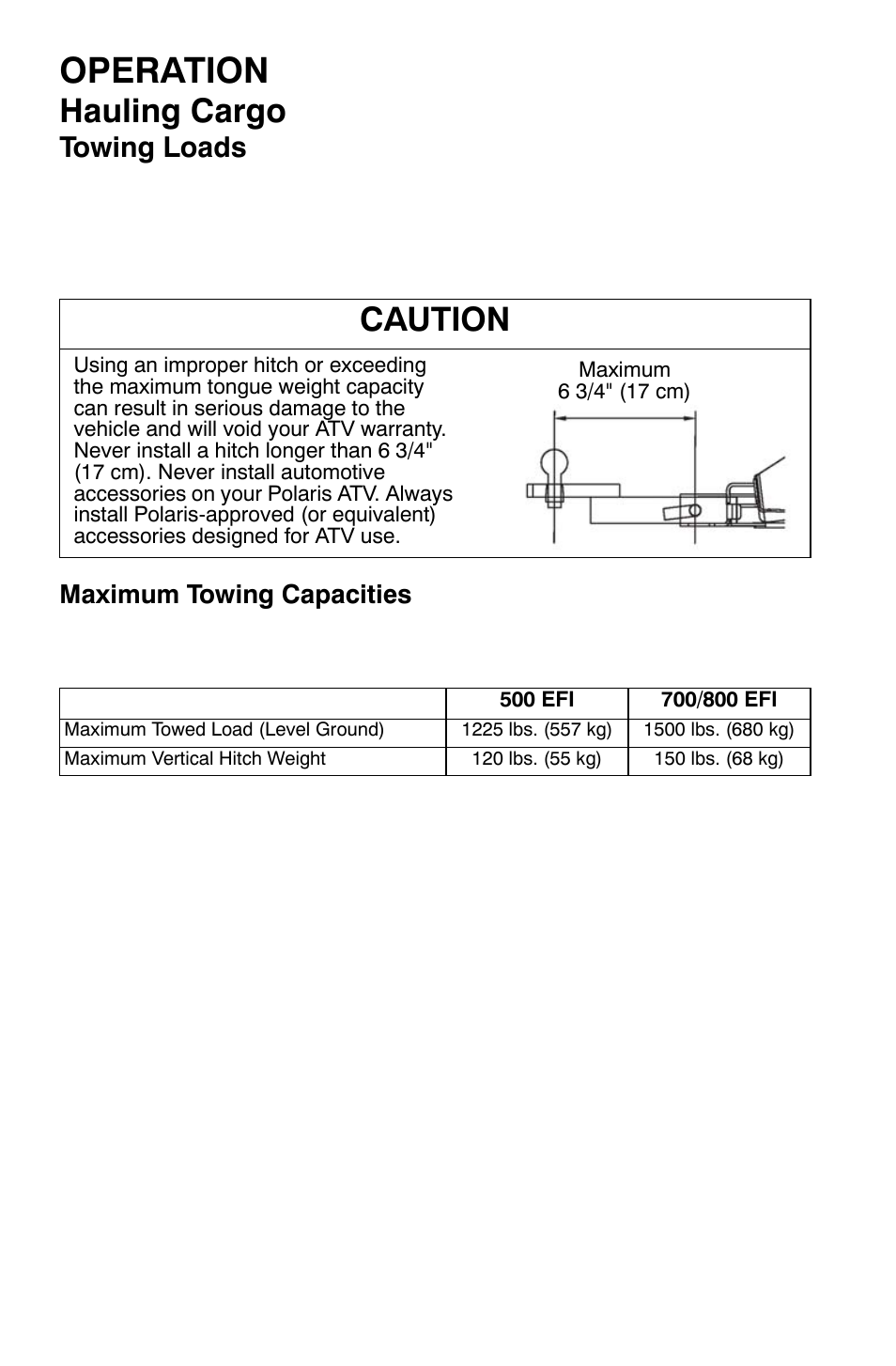 Operation, Hauling cargo, Caution | Towing loads | Polaris Sportsman 500 EFI X2 User Manual | Page 66 / 157