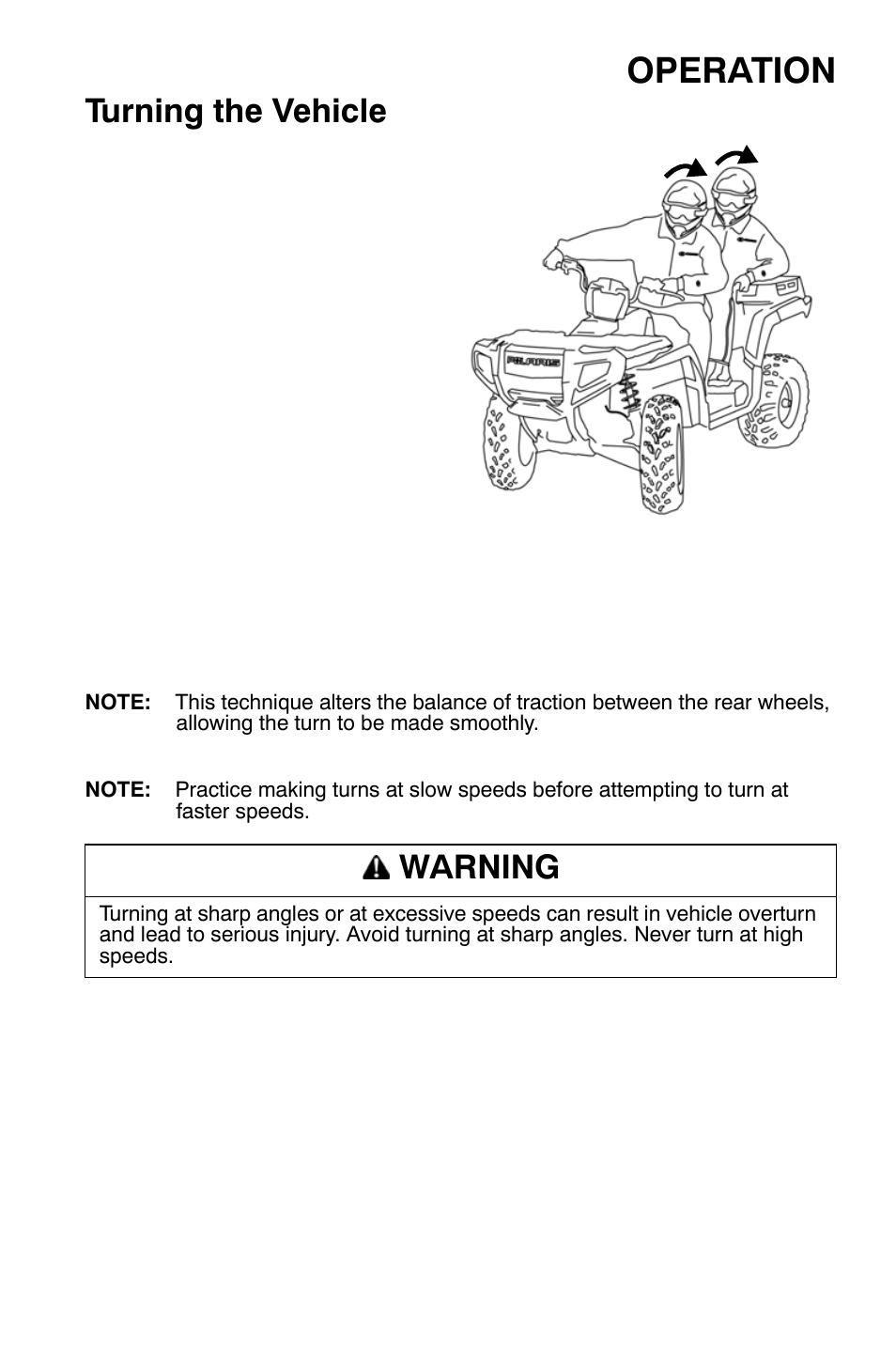 Operation, Turning the vehicle, Warning | Polaris Sportsman 500 EFI X2 User Manual | Page 69 / 157