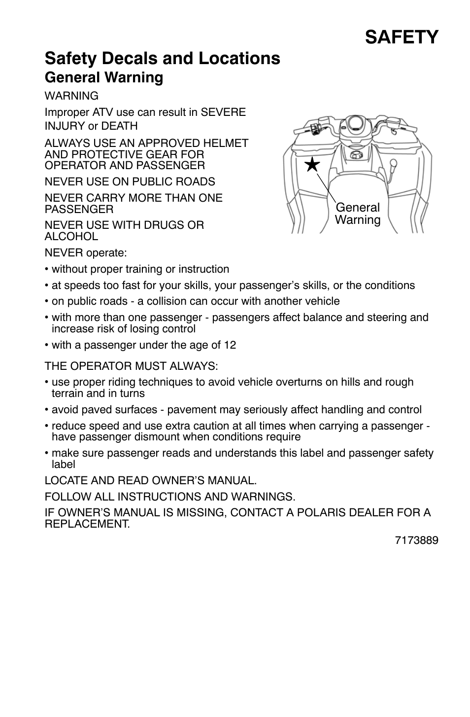 Safety, Safety decals and locations, General warning | Polaris Sportsman 500 EFI X2 User Manual | Page 7 / 157