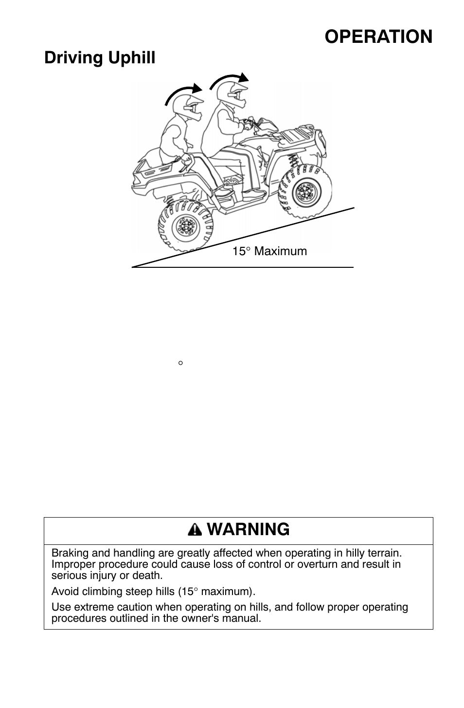 Operation, Driving uphill, Warning | Polaris Sportsman 500 EFI X2 User Manual | Page 73 / 157