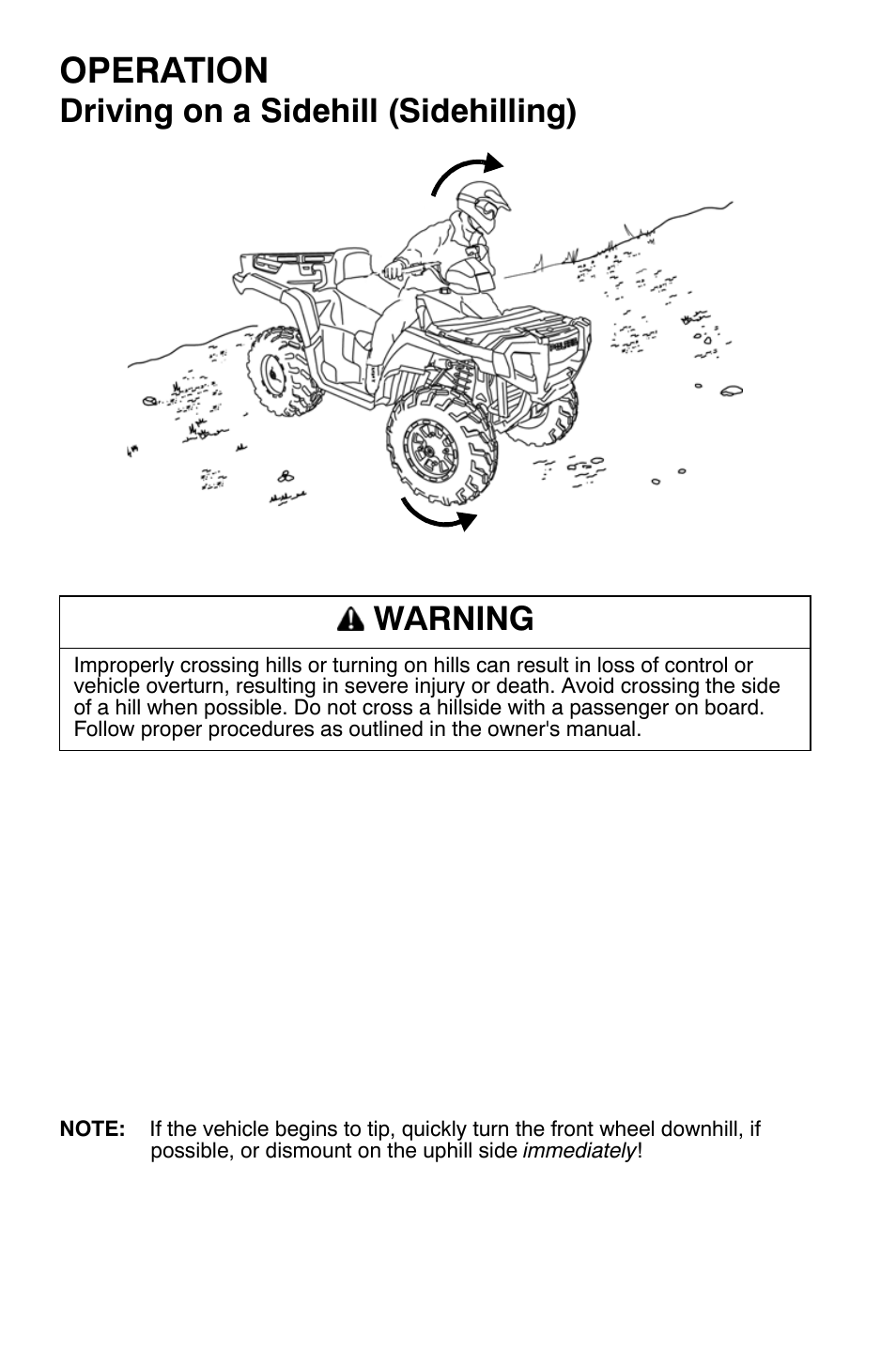 Operation, Driving on a sidehill (sidehilling), Warning | Polaris Sportsman 500 EFI X2 User Manual | Page 74 / 157