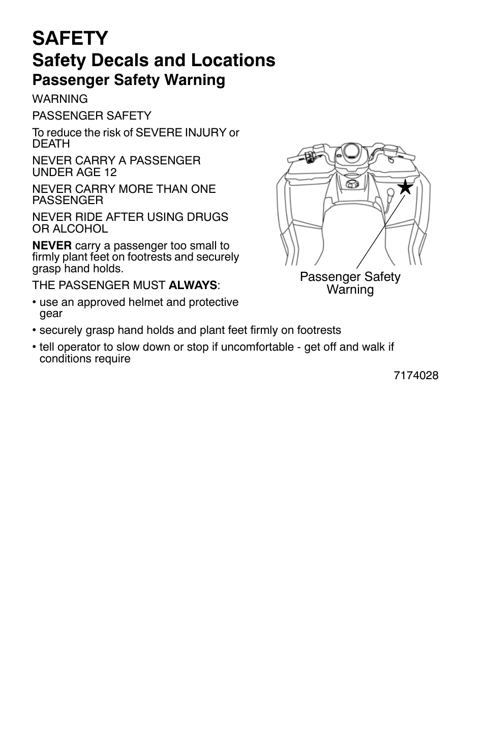 Safety, Safety decals and locations, Passenger safety warning | Polaris Sportsman 500 EFI X2 User Manual | Page 8 / 157