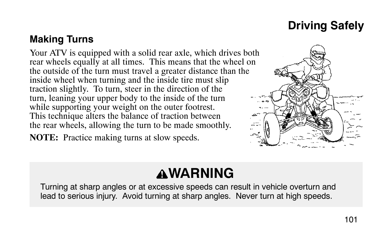 Warning, Driving safely | Polaris Sprotsman 90 User Manual | Page 103 / 188