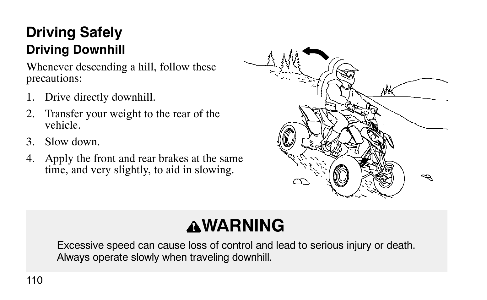 Warning, Driving safely | Polaris Sprotsman 90 User Manual | Page 112 / 188