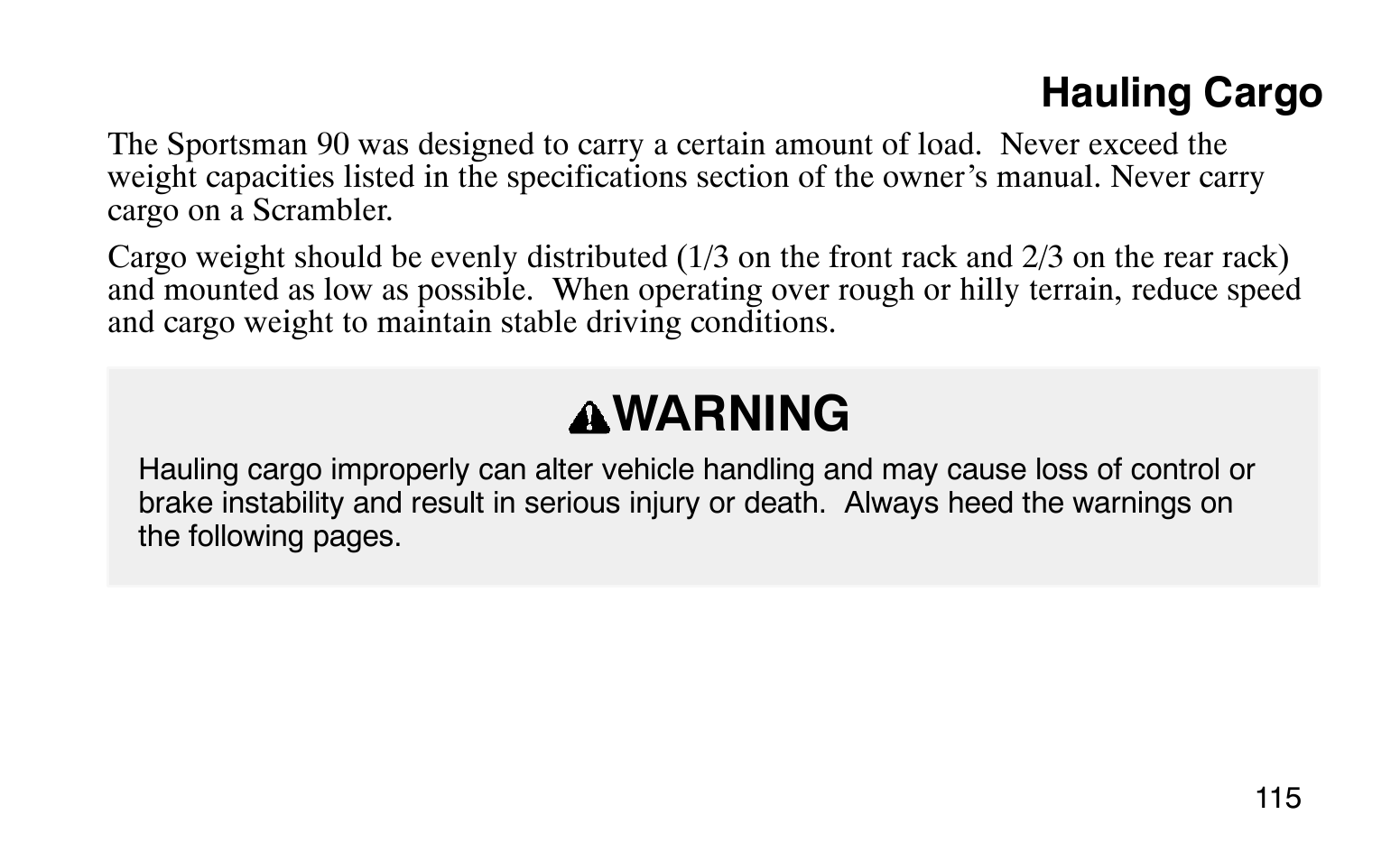 Warning, Hauling cargo | Polaris Sprotsman 90 User Manual | Page 117 / 188