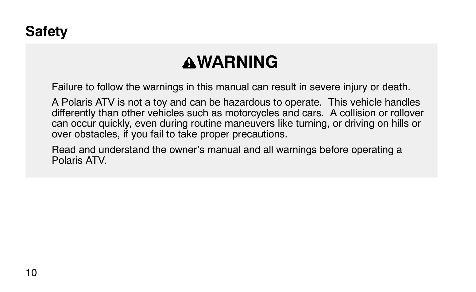 Warning, Safety | Polaris Sprotsman 90 User Manual | Page 12 / 188