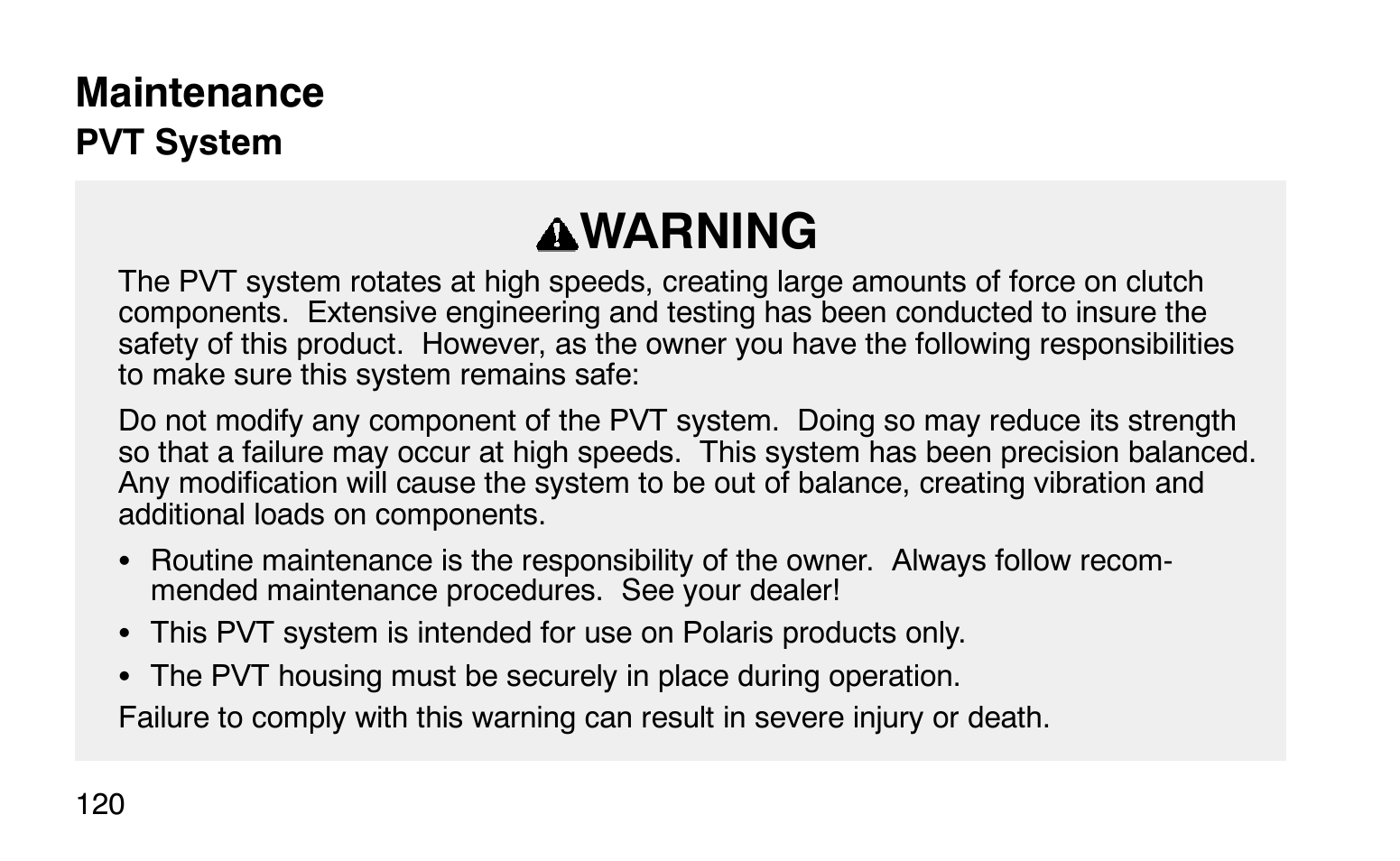 Warning, Maintenance | Polaris Sprotsman 90 User Manual | Page 122 / 188